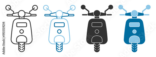 Front view scooter moped motorbike icon in outline and solid styles isolated on transparent background