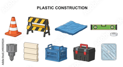 Illustrations of ten plastic construction and tool items on a white background