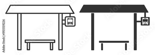 Bus stop shelter icon, public transport station with bench and sign vector illustration on transparent background