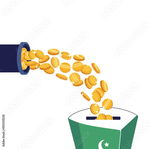 Coins pouring into green ballot box with Pakistani flag