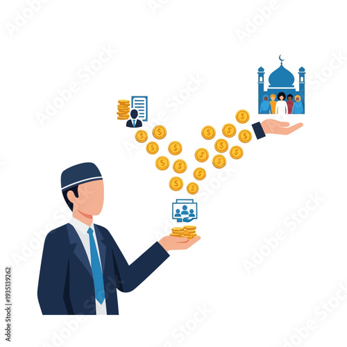 Businessman donating money to charity with financial documents and mosque