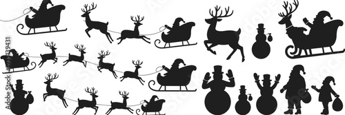 Large set of Christmas silhouettes including Santa Claus in sleigh with reindeer snowman and elves for festive holiday vector design