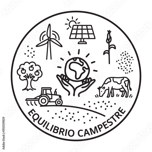 Emblema circular de equilibrio campestre con iconos lineales de energías renovables, agricultura y ganadería sostenible