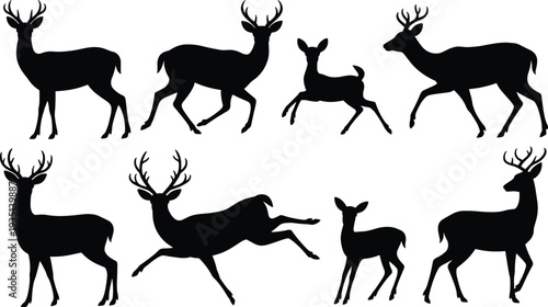 deer silhouettes black stag doe fawn reindeer wildlife animal jumping running standing poses vector clipart set collection
