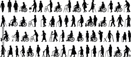 elderly silhouettes black senior people walking cane wheelchair walker elderly couple old age various poses vector clipart collection