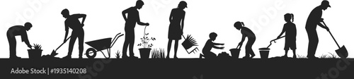 family gardening silhouettes black people planting digging kids wheelbarrow pots tools nature garden activity vector border clipart