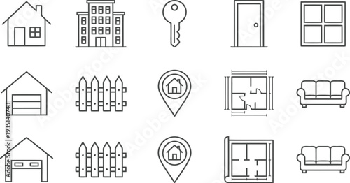 Set of line icons for real estate and property, including houses, keys, and furniture