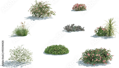 garden bushes shrubs set colorful flowering plants ornamental greenery landscape foliage pink roses green bushes vector clipart collection