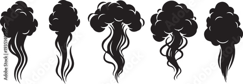 Set of 5 black smoke or steam cloud vector illustrations, featuring various stylized shapes for design elements, fire, or air pollution concepts.