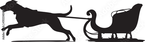 Dynamic black silhouette vector illustration of a dog pulling a classic sleigh, ideal for winter holiday designs, Christmas cards, and festive marketing materials.