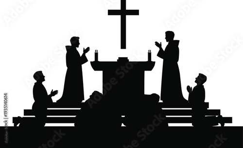 Silhouette of priests and congregation praying at church altar with holy cross and candles for religious worship and spiritual devotion
