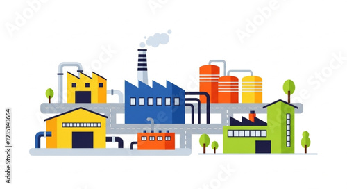 Modern industrial factory complex with multiple buildings and tanks.