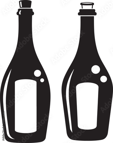 Two champagne bottle silhouette black and white label shape