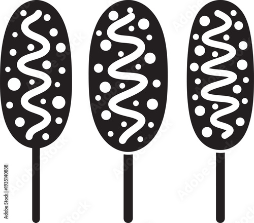 Three corn dog silhouette black and white mustard topping