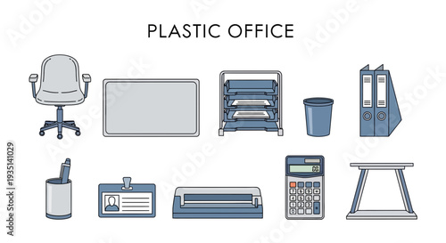 A collection of stylized blue and gray plastic office supplies and furniture items