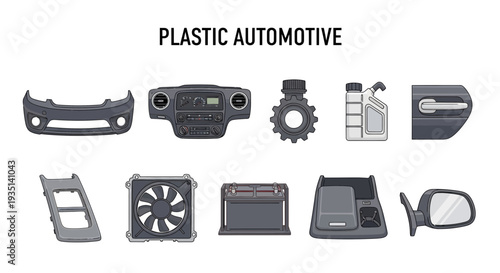 Illustration of ten gray automotive plastic components including bumper dashboard gear fluid container handle trim fan battery console and mirror