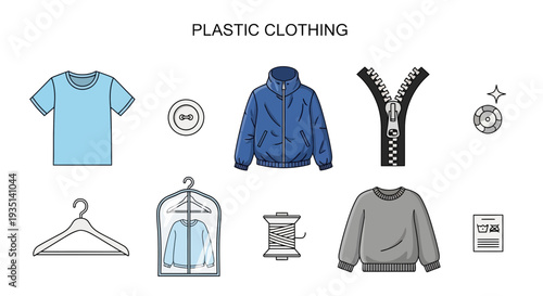 Collection of cartoon icons related to plastic clothing and garment care