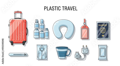 Illustrations of ten plastic travel items including a suitcase toiletries and accessories