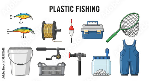 Illustration of various plastic fishing gear and apparel items