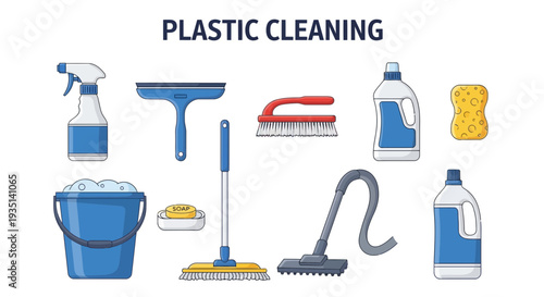 Collection of blue and yellow plastic cleaning supplies against a white background