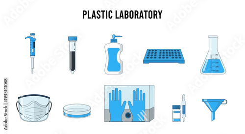 Illustration of plastic laboratory equipment and safety gear against a white background