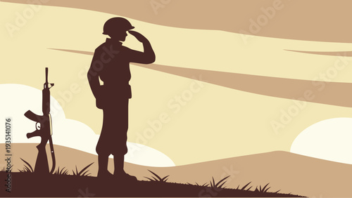 Generic soldier silhouette saluting with rifle on hill at sunset
