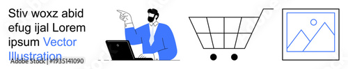 E-commerce, online shopping, technology, digital services, content creation, marketing visuals. Person with a laptop, a shopping cart icon and a photo frame. E-commerce and online shopping concept