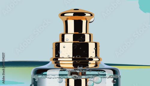 Glossy 3d illustration of a generic perfume bottle with gold cap on light blue background