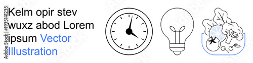 Time management, innovation, healthy eating, productivity, sustainability, lifestyle choices. Includes a clock, light bulb and salad bowl. Time management and innovation concept