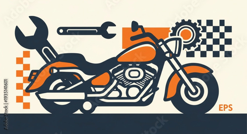 Motorcycle repair and maintenance illustration with tools and gears.
