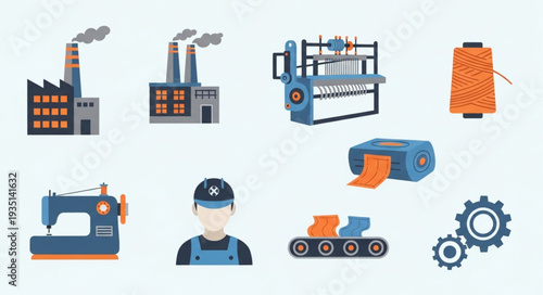 Industrial manufacturing and production equipment icons.
