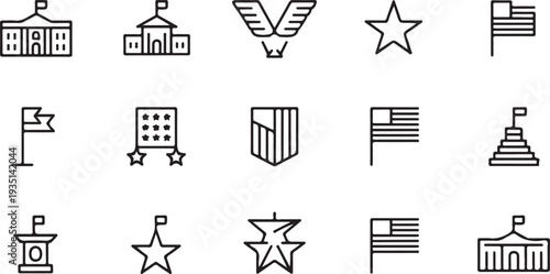 American government and patriotism icons set including buildings flags and symbols