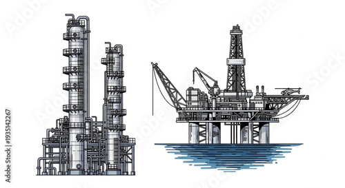 Oil Rig and Refinery Illustration.