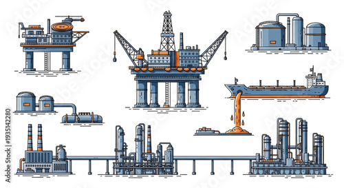 Oil Rig and Refinery Illustration Set.