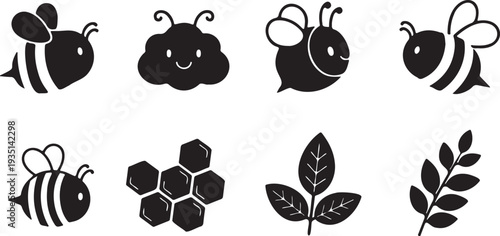 Set of 8 cute black bee and nature icons vector