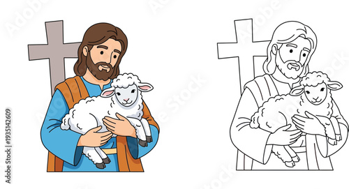 Jesus as the Good Shepherd Holding a Lamb - Christian Symbolism Vector Illustration