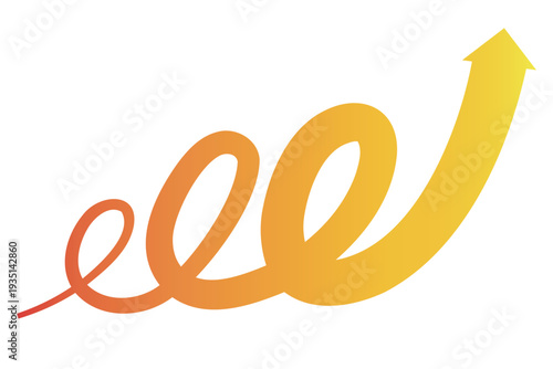 くるくると螺旋を描きながら上昇し、上方へ向かう矢印｜黄色とオレンジのグラデーション