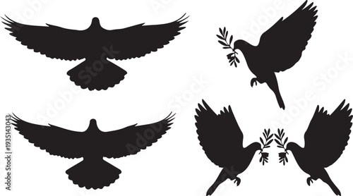 Set of 4 black dove silhouettes vector
