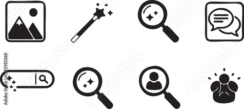 Set of 8 Black and White Search and Magic Icons Vector