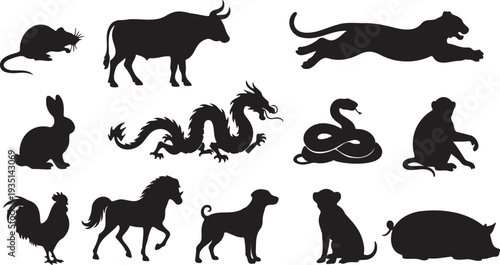 Set of 12 Chinese zodiac animal silhouettes vector