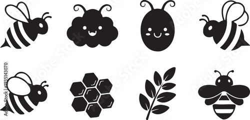 Set of 8 cute bee and nature icons vector