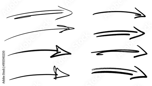 Hand drawn grunge brush stroke arrow collection with black marker lines isolated on white background illustration