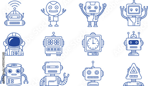 Collection of Cute Robot and Astronaut Icons for Technology, Sci-Fi, and Futuristic Designs