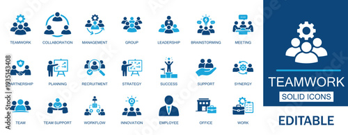 Teamwork and Collaboration icon set. including team success, meeting, business, and leadership symbols. Solid vector icons for teamwork, corporate presentations and workflow.