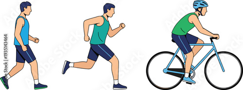 Illustration of a Man Engaged in Different Physical Activities: Walking, Running, and Cycling for Fitness and Sports Designs