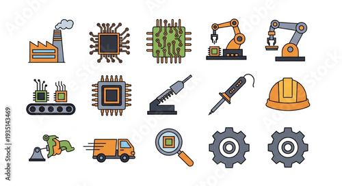 Collection of industrial and technology icons representing manufacturing and engineering.