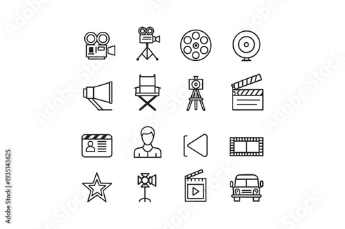 Collection of black and white film video and cinema related icons