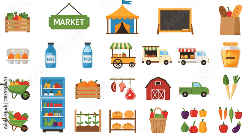 Farmers Market Icon Set with Fresh Vegetables Fruits Milk Honey Bread Food Trucks Barn and Organic Farm Products Vector Illustration.