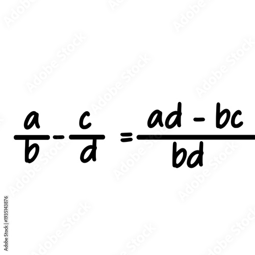 Fraction subtraction formula isolated on white background mathematics equation handwritten in simple educational style illustration.
