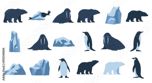 Collection of polar bear and penguin silhouettes with icebergs, Generative AI.